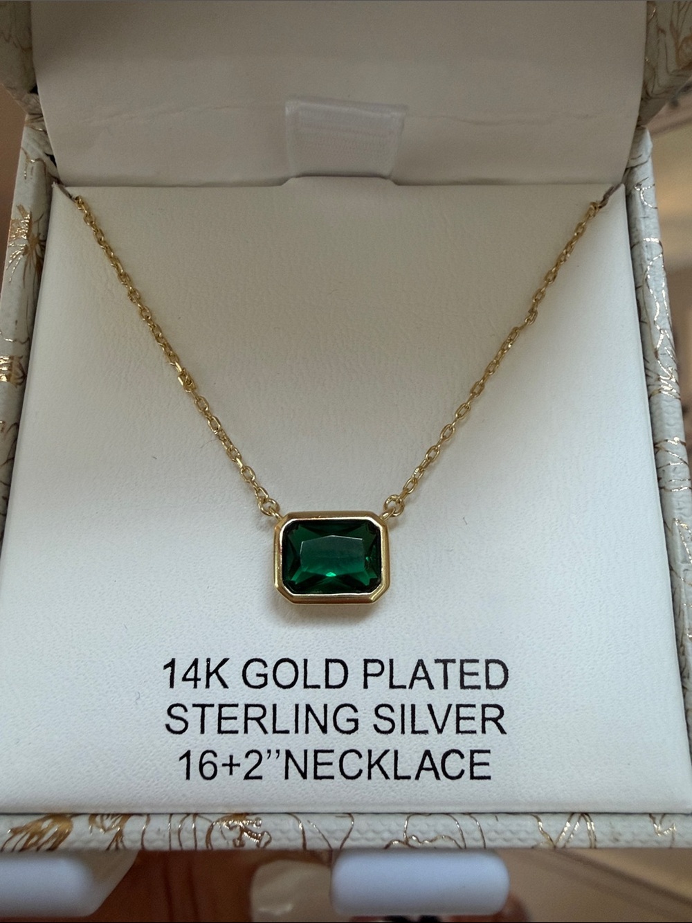 14K Gold-Plated Sterling Silver Necklace with Green Emerald-Cut Stone